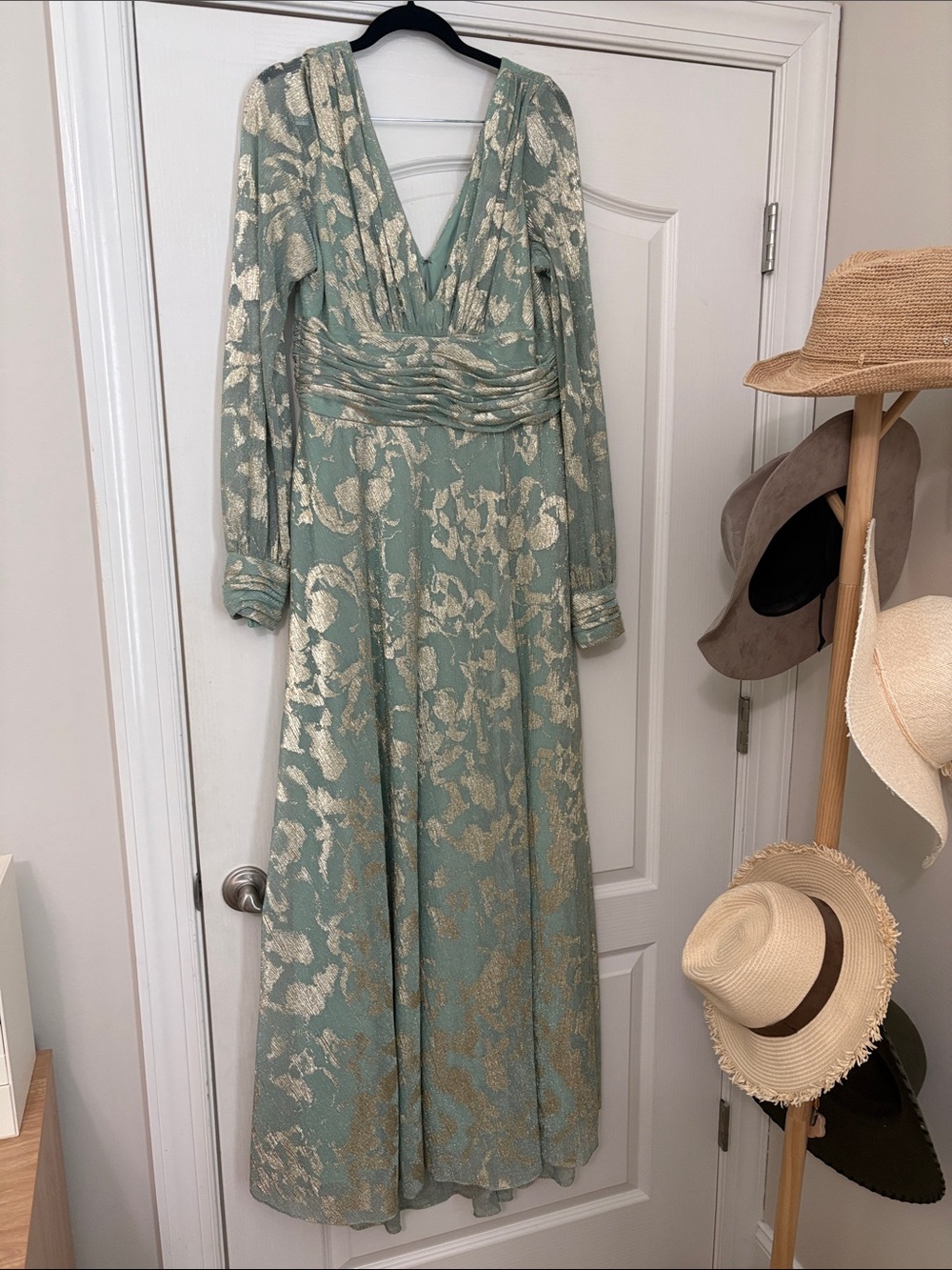 Elegant Sage Gold Metallic Floral V-Neck Wedding Dress